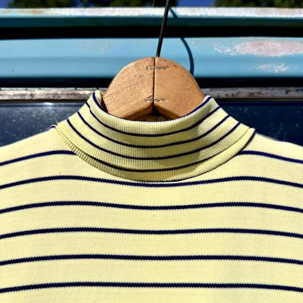 60s yellow & navy stripe 3 piece set mock neck tank midi skirt reversible belt